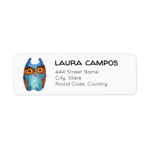 Cute Pretty Blue Watercolor Owl Return Address