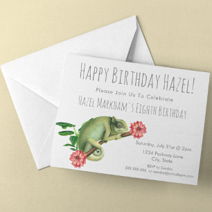 Cute Pretty Chameleon Floral Modern Kids Birthday Invitation
