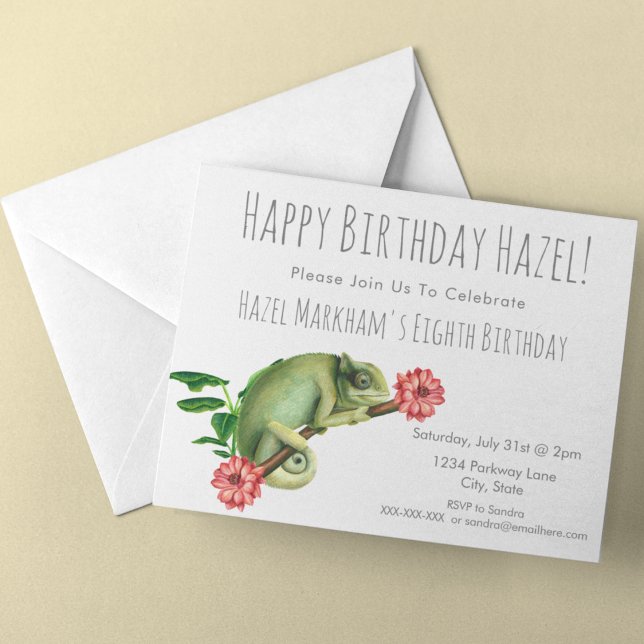 Cute Pretty Chameleon Floral Modern Kids Birthday Invitation (Creator Uploaded)