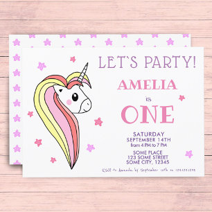Cute Pretty Colourful Unicorn 1st Birthday Invitation