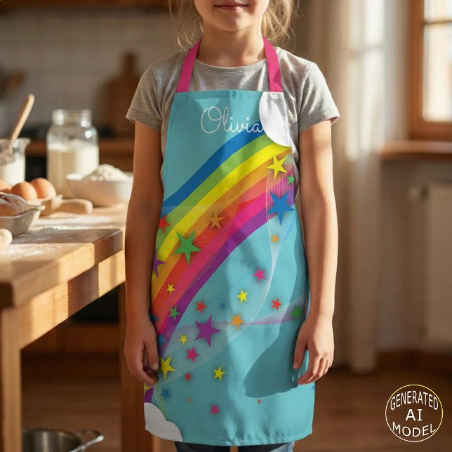 Cute Pretty Girly Rainbow Stars Sky Clouds & Name Apron (Creator Uploaded)
