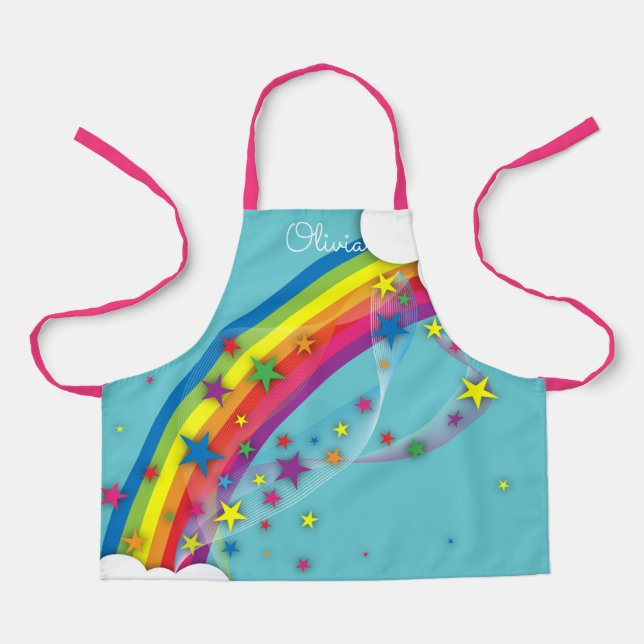 Cute Pretty Girly Rainbow Stars Sky Clouds & Name Apron (Front)