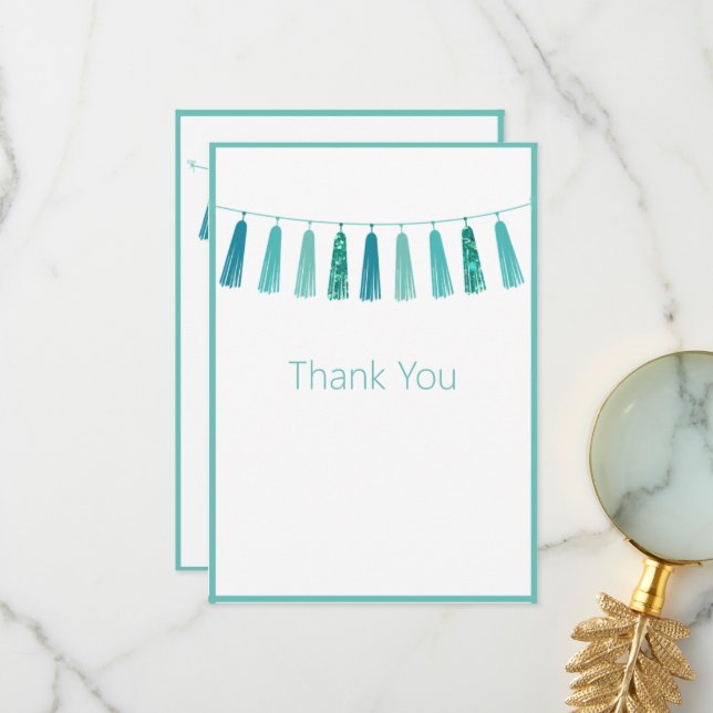 Cute Pretty Green Glitter Tassles Thank You Card (Front/Back In Situ)