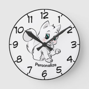 Cute & Pretty Kitten Cartoon Drawing Personalise Round Clock