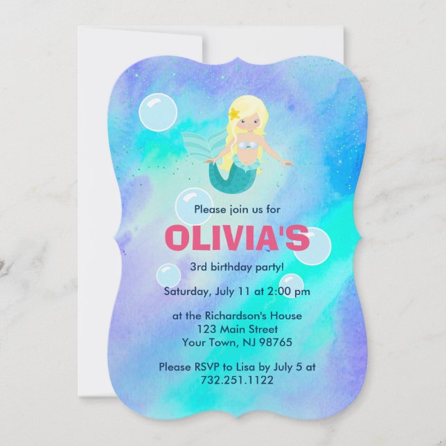 Cute Pretty Mermaid Girls Birthday Blue Watercolor Invitation (Front)