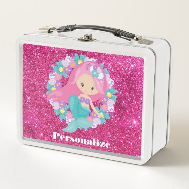 Cute Pretty Mermaid Pink Glitter Personalised Metal Lunch Box (Front)
