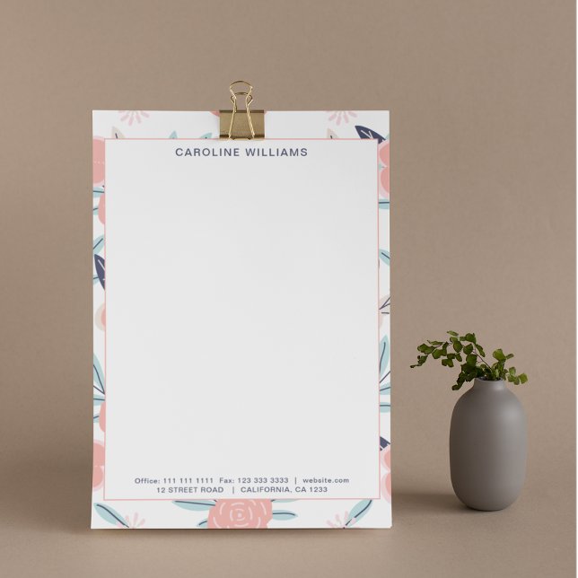 Cute Pretty Pink Flowers Typography Name  Custom Letterhead (Creator Uploaded)