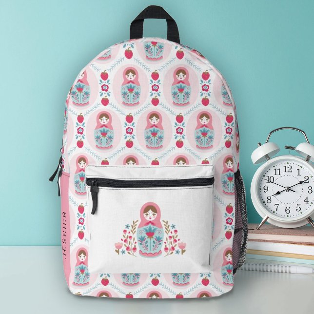Cute Pretty Pink Girls School Printed Backpack (A cute pink nesting doll decorates this backpack.Personalize it with your name on the side.)