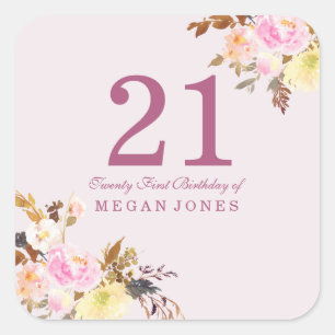 Cute Pretty Pink Peach Flower 21st Birthday Party Square Sticker