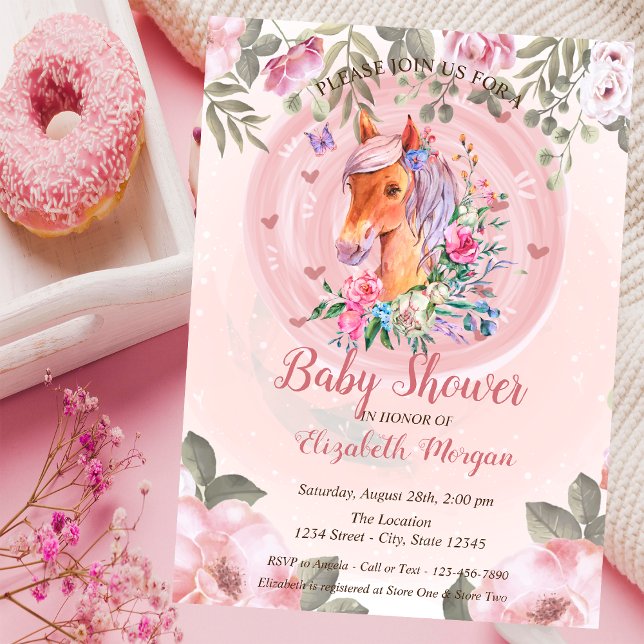 Cute Pretty Pony Floral Baby Shower  Invitation (Creator Uploaded)