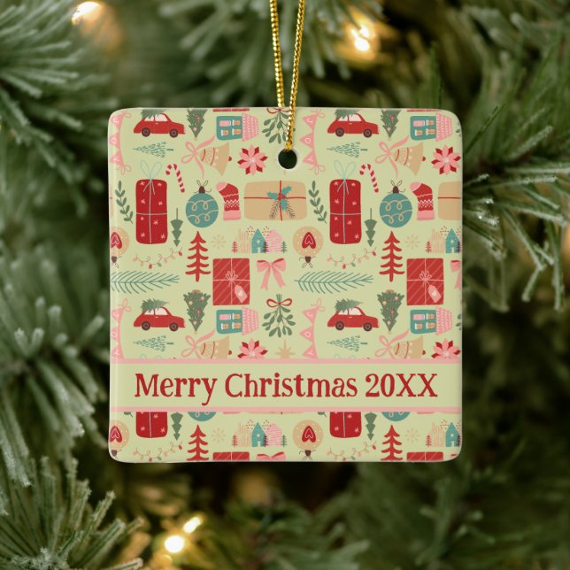 Cute Pretty Preppy Pink and Mint Green Christmas C Ceramic Ornament (Tree)