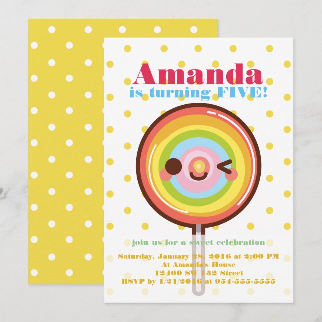 Cute pretty rainbows lollipop birthday invitation (Front/Back)