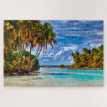 Cute Pretty Summer Hawaiian Beach Watercolor Art Jigsaw Puzzle<br><div class="desc">Beautiful contemporary painting of bright blue summer sky over aqua turquoise blue ocean and green palm trees and foliage on a Hawaiian beach. This ornate,  elegant and funky hipster design for the lover of flora and fauna,  Hawaii,  beaches and sand,  vacation,  and travelling to exotic places and world countries.</div>