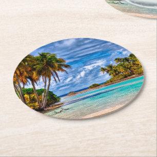 Cute Pretty Summer Hawaiian Beach Watercolor Round Paper Coaster