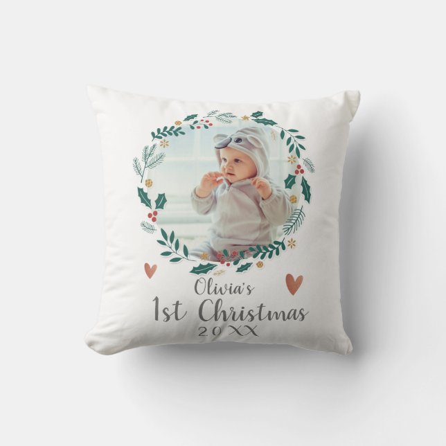 Cute Pretty Wreath Baby First Christmas Photo Cushion (Front)