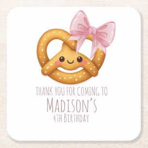 Cute Pretzel Girl Birthday Party Square Paper Coaster