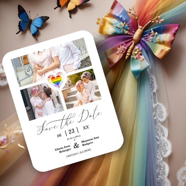 Cute Pride Rainbow Heart Lesbian Gay 3 Photos  Magnet (Cute Pride Rainbow Heart Lesbian Gay 3 Photos Collage Save the Date Magnet Card.)