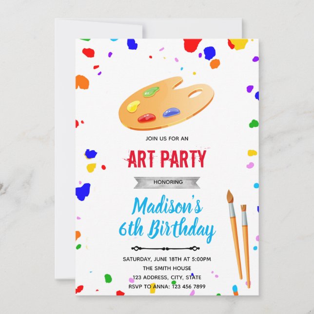 Cute primary colour art birthday invitation (Front)