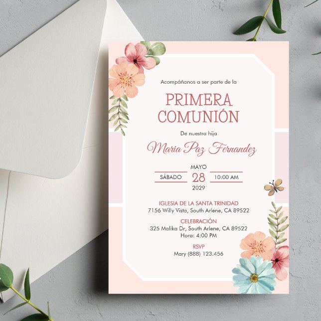 Cute Primera Comunion Pink Flowers First Communion Invitation (Creator Uploaded)
