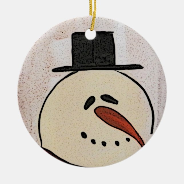 Cute Primitive Art Snowman Ceramic Tree Decoration (Front)