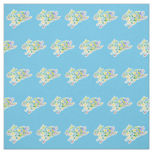 Cute Primroses Floral Bunnies Pattern on Blue Fabric