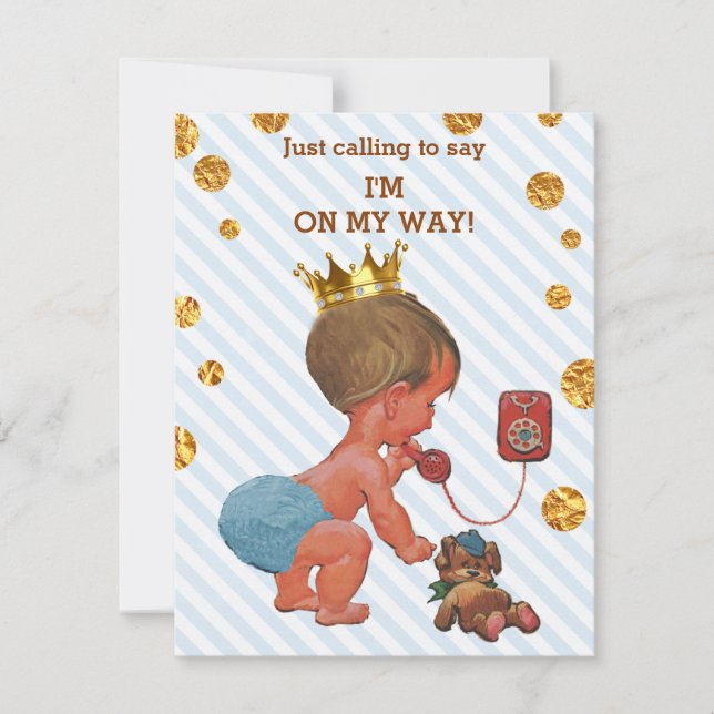 Cute Prince On Phone Stripes Gold Dots Baby Shower Invitation (Front)
