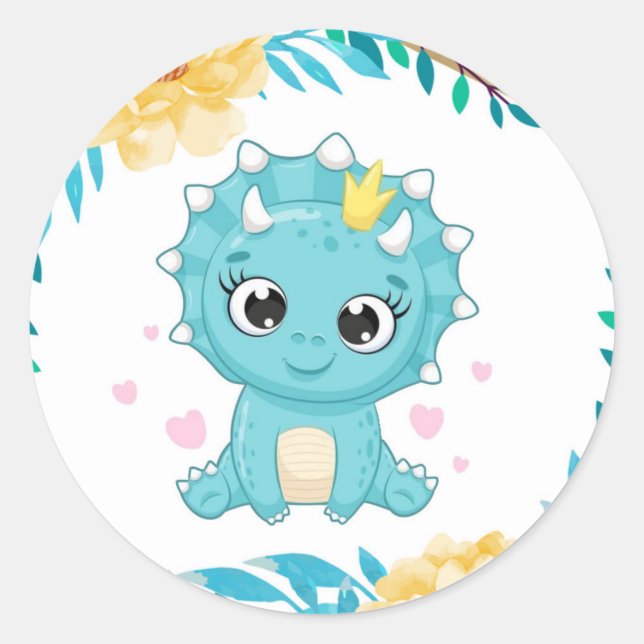 Cute Prince Teal and Yellow Dinosaur Baby Shower Classic Round Sticker (Front)