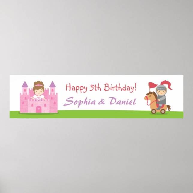 Cute Princess and Knight Birthday Party Banner Poster (Front)