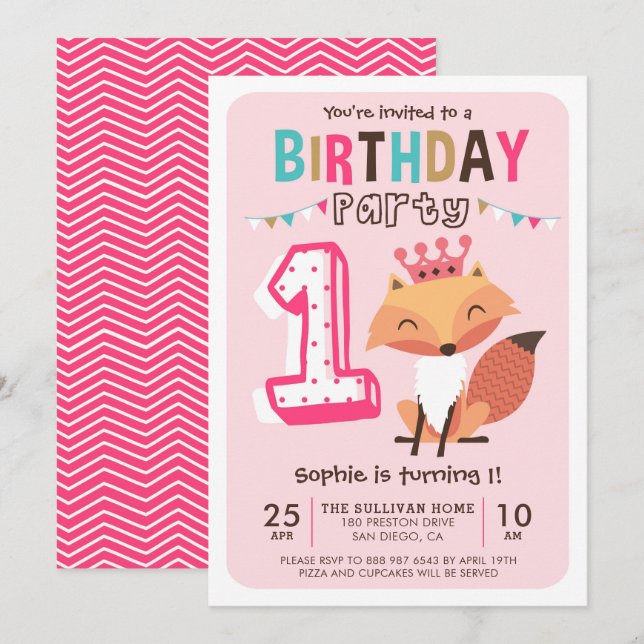 Cute Princess Baby Fox Pink First Birthday Invitation (Front/Back)