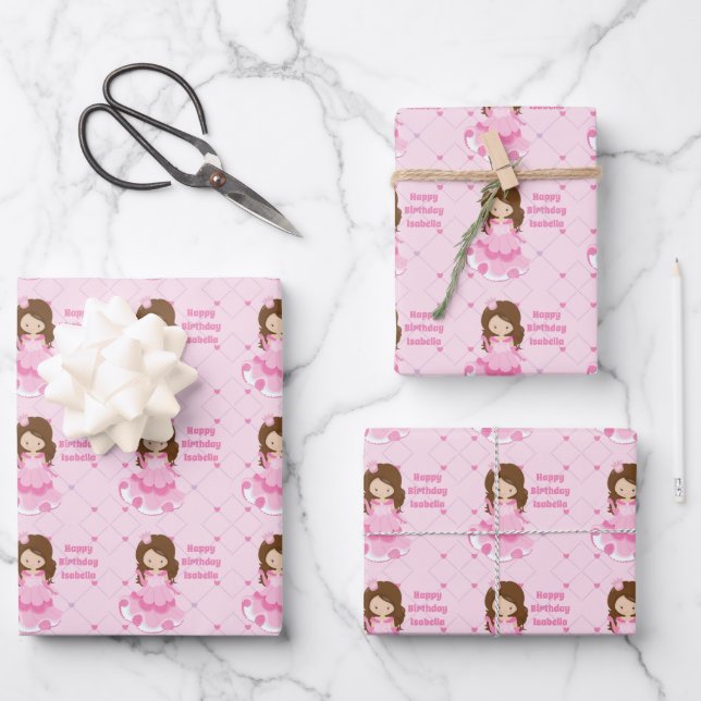 Cute Princess Birthday Pink Personalised Girls Wrapping Paper Sheet (Front)