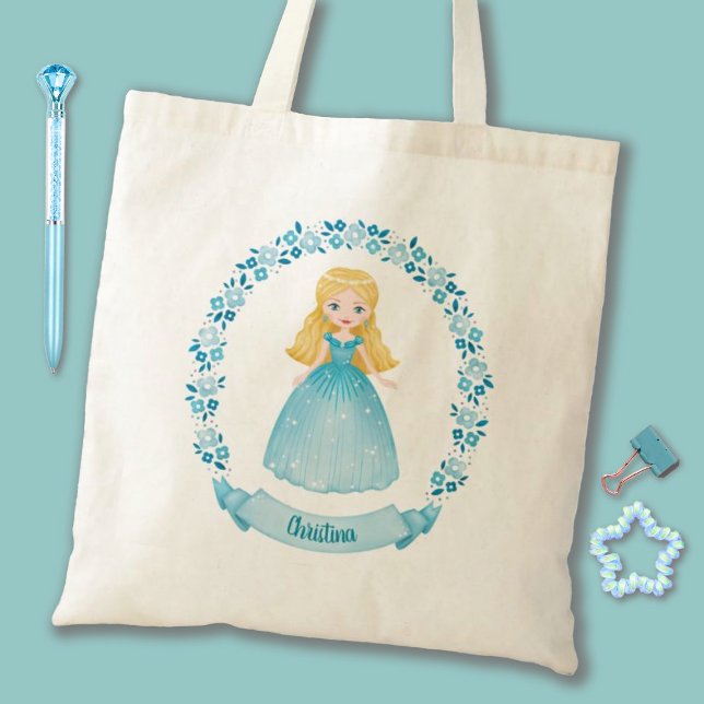 Cute Princess Blue Personalised Tote Bag (A cute blue girls Princess tote bag. Personalize it with your girls name for a special gift.)