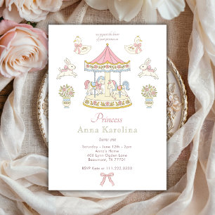 Cute Princess Carousel Swans Fairytale Birthday Invitation