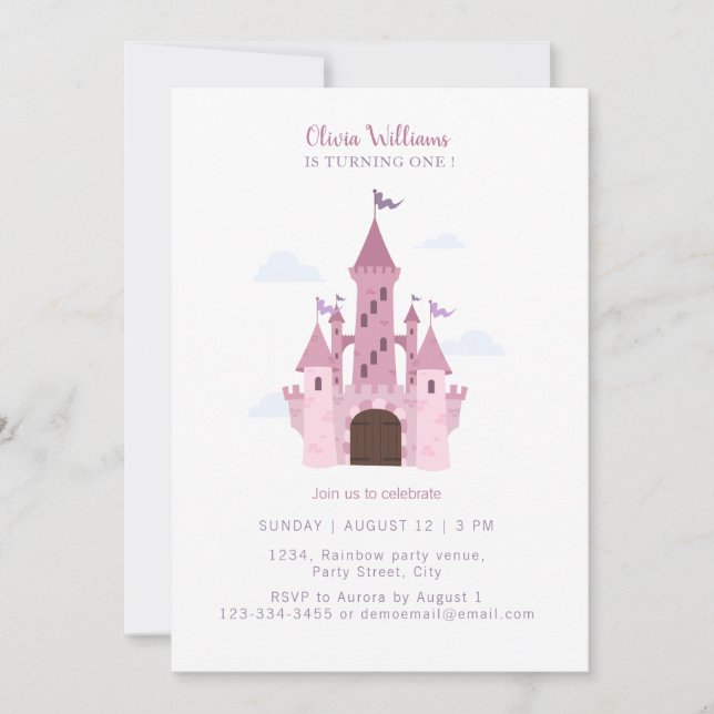 Cute Princess Castel Girls 1st Birthday Invitation (Front)