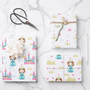 Cute Princess Castle Crown Pattern Girl Birthday Wrapping Paper Sheet