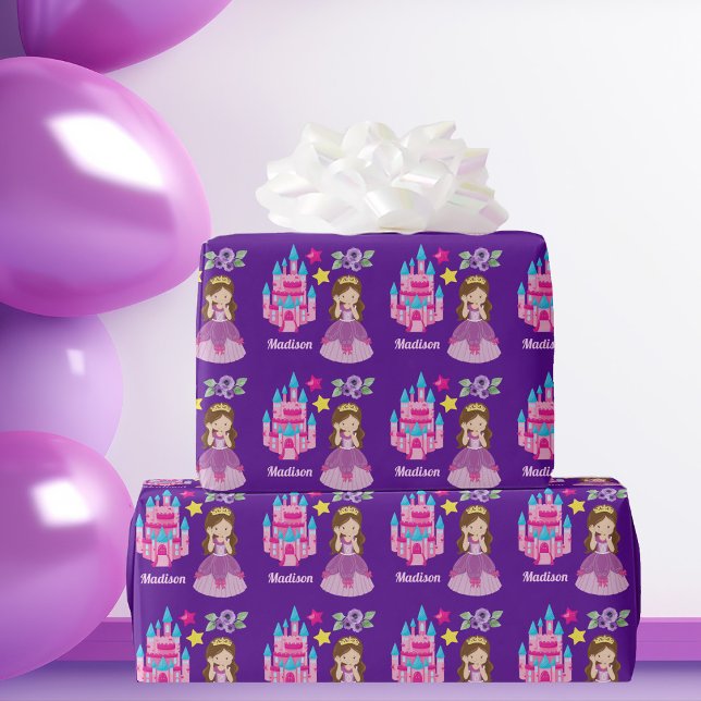 Cute  Princess Castle Custom Purple Birthday Girl Wrapping Paper (Creator Uploaded)