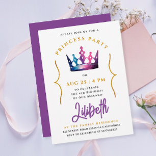 Cute Princess Crown Tiara Purple Watercolor Invitation