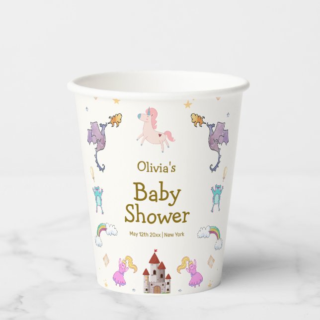 Cute Princess Dragon Unicorn Baby Shower Paper Cups (Front)