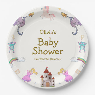 Cute Princess Dragon Unicorn Baby Shower Paper Plate