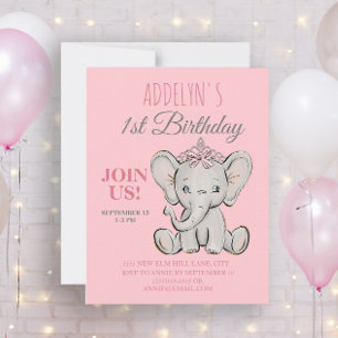 Cute Princess Elephant Little Girl's 1st Birthday  Invitation