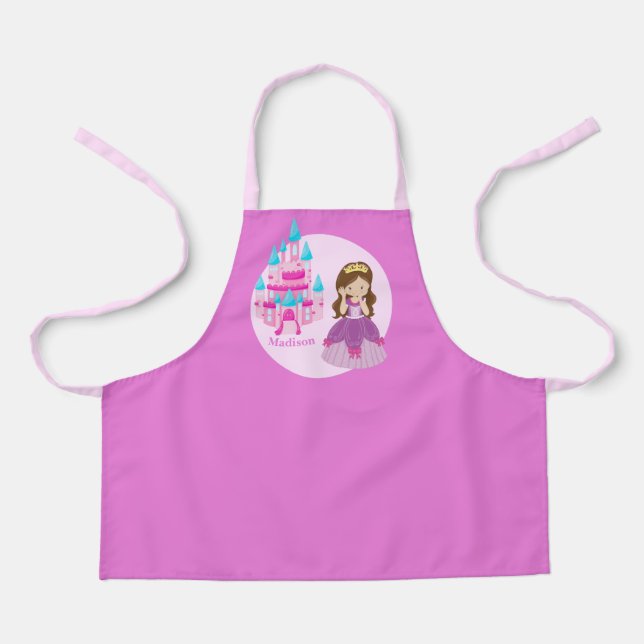 Cute Princess Girl Castle Pink Monogram Kids Apron (Front)