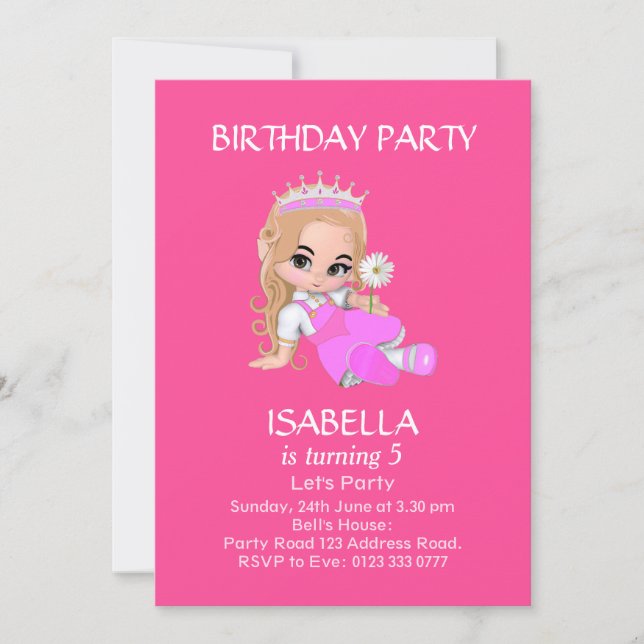 Cute Princess Girl in Pink 5th Birthday Party Invitation (Front)