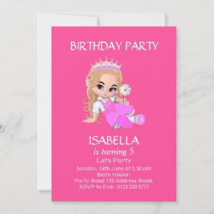 Cute Princess Girl in Pink 5th Birthday Party Invitation