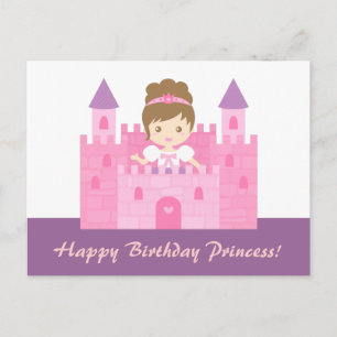 Cute Princess Girl in Pink Castle Happy Birthday Postcard