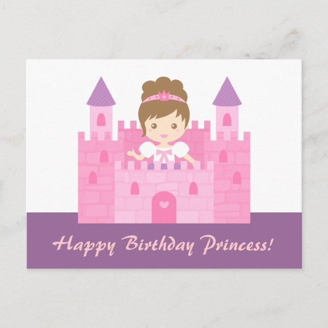 Cute Princess Girl in Pink Castle Happy Birthday Postcard (Front)