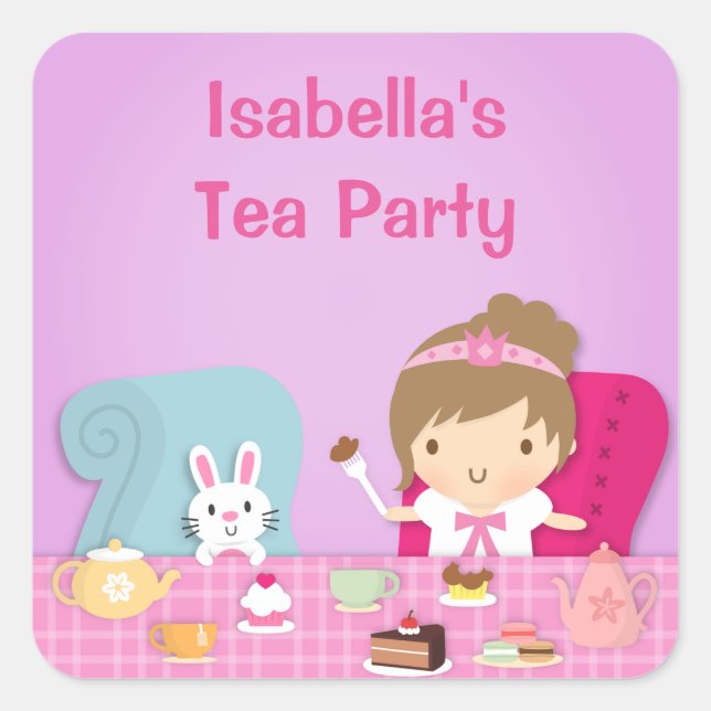 Cute Princess Girl Tea Party Birthday Square Sticker (Front)