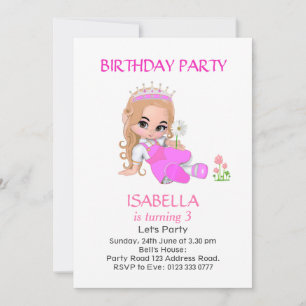 Cute Princess on Light Pink 3rd Birthday Party Invitation