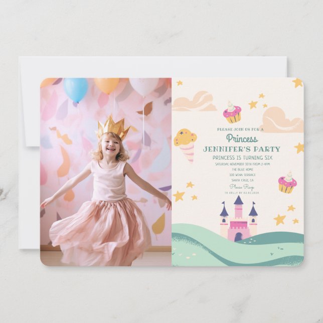 Cute Princess Photo Pink Castle Birthday Party Invitation (Front)