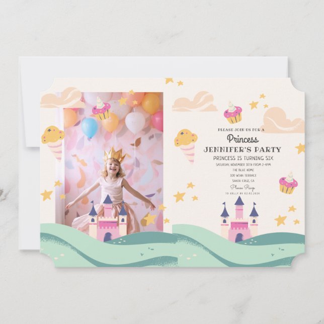 Cute Princess Photo Pink Castle Birthday Party Invitation (Front)