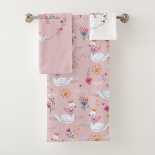 Cute princess swan pink kids bath towel set