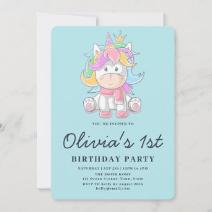 Cute Princess Unicorn 1st Birthday Party  Invitation